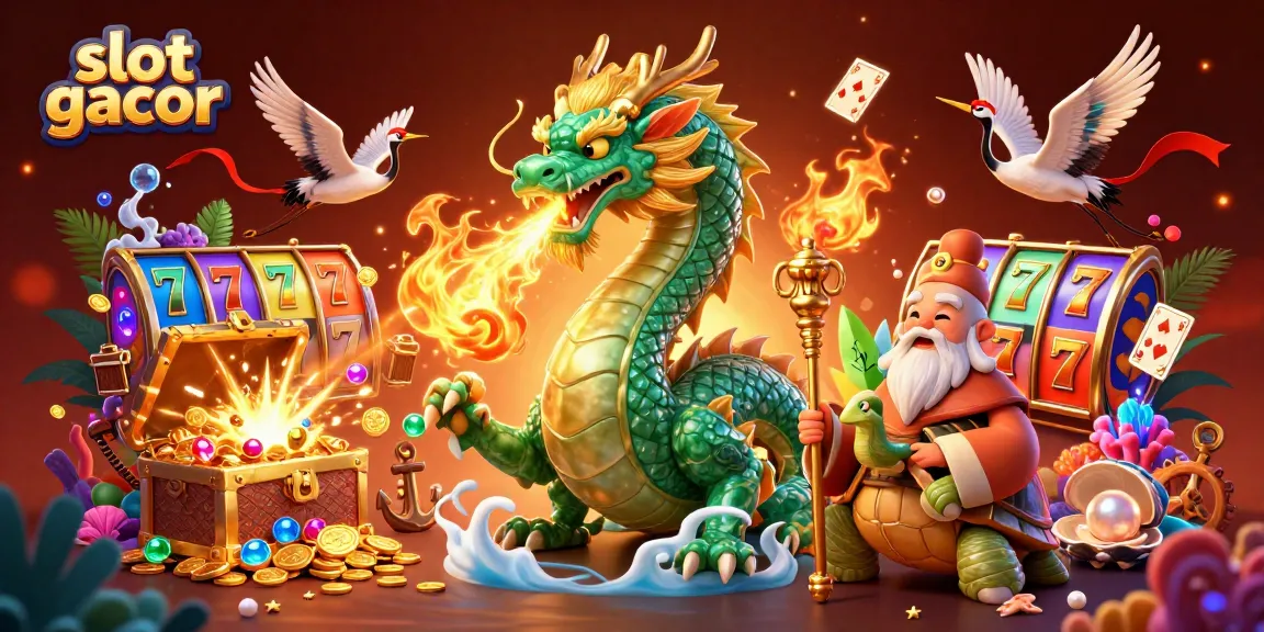 Experience thrilling slot gacor action with a dragon, turtles, and lucky cranes in a vibrant casino scene.