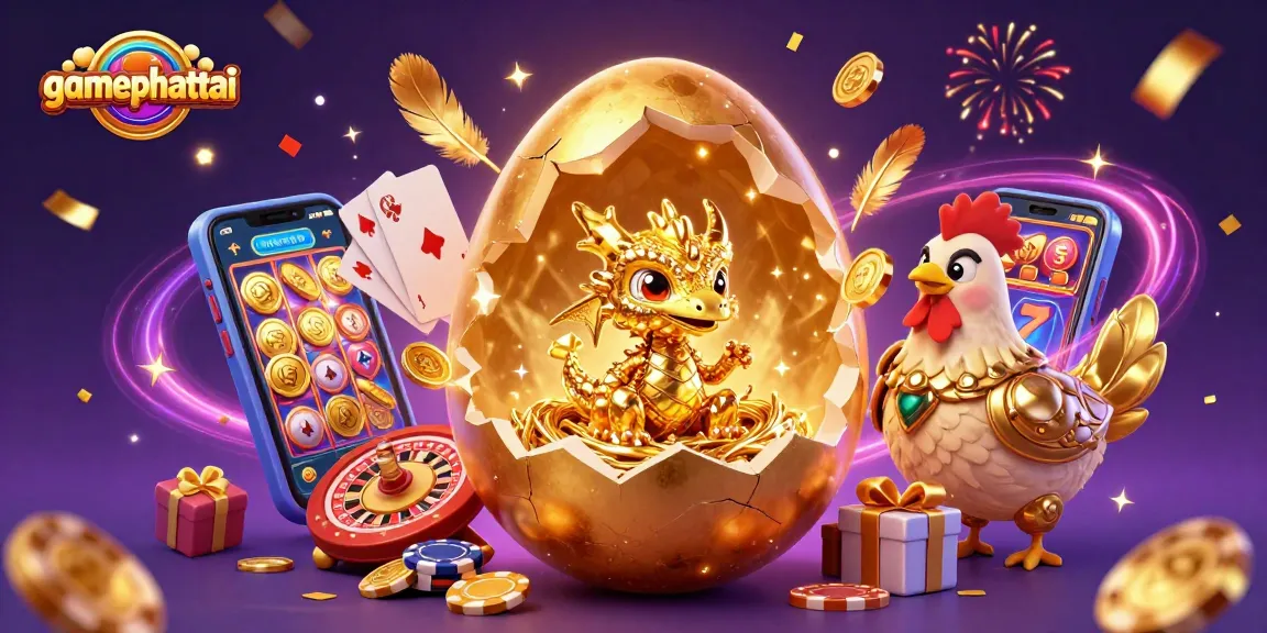 Win big with gamephattai in this vibrant illustration of a golden dragon surrounded by exciting casino elements.
