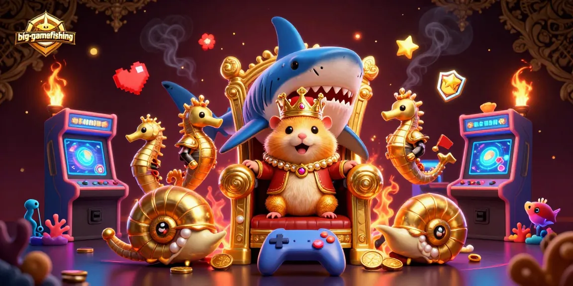 Engage in big-gamefishing with this vibrant 3D illustration showcasing a golden hamster king on a megalodon throne.