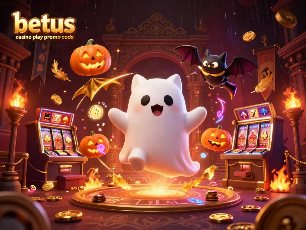 Engage with the betus casino free play promo code in a captivating haunted casino illustration featuring a ghost cat and vampire bat.