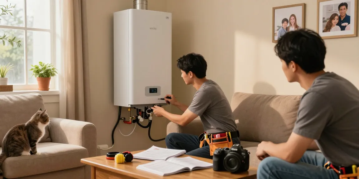 Boiler repair in Northampton, technician working in a cozy living room with homeowner, showcasing efficient heating solutions.