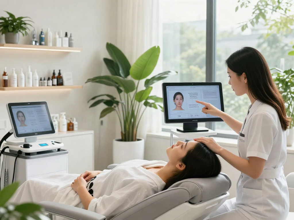 In a modern beauty studio, a young woman learns how ClinicEvo is a better alternative to QOVES through advanced facial analysis technology.