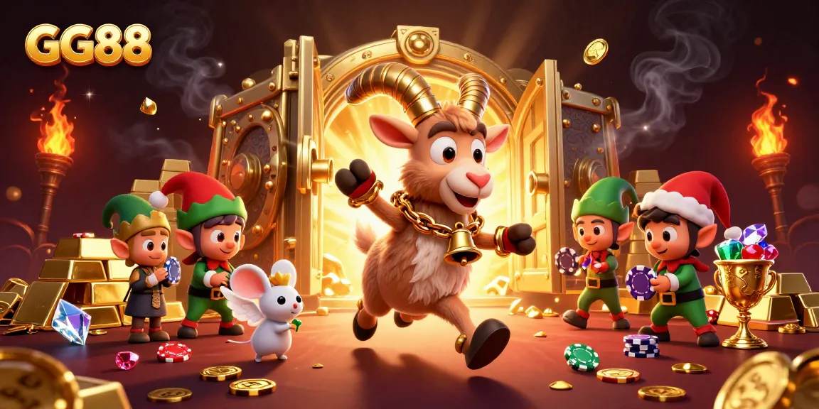 GG88 captivates players with a festive casino scene featuring a Krampus goat, angel mouse, and mischievous gremlins.