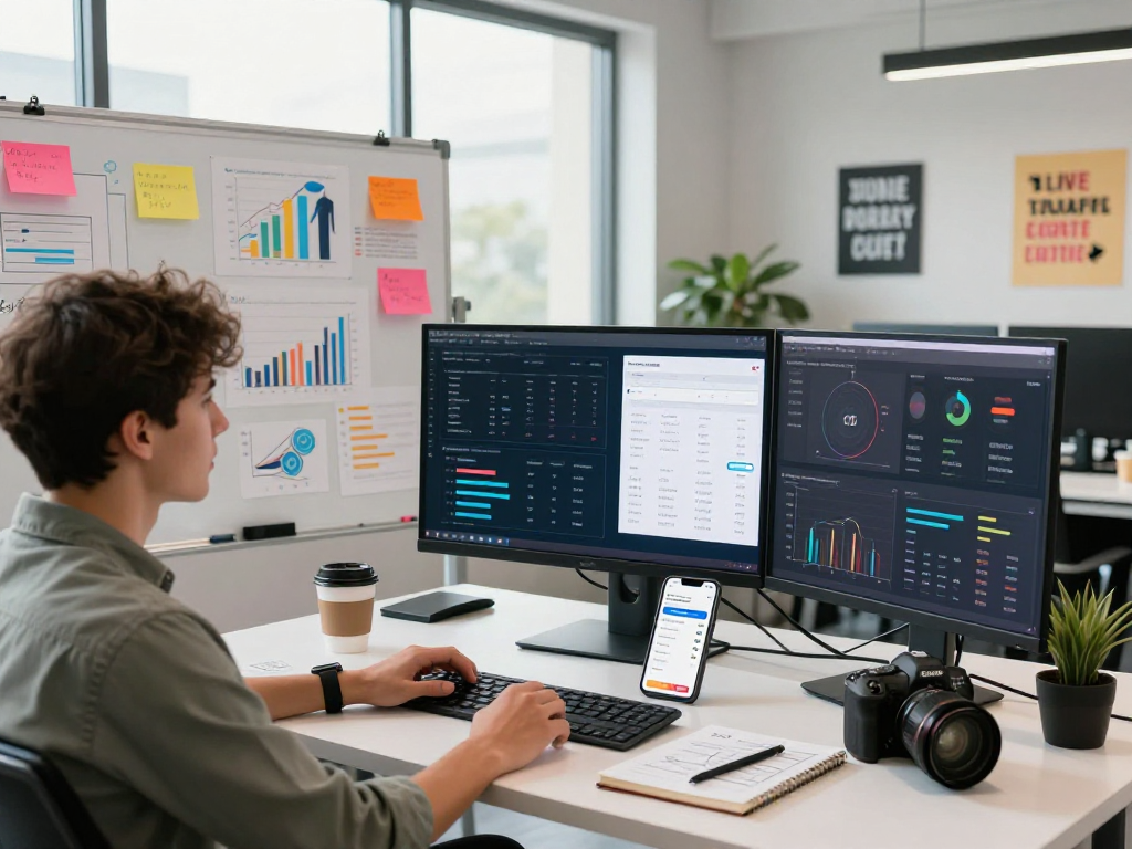 Purchase app installs from a modern office workspace with strategic marketing discussions and app performance analysis.