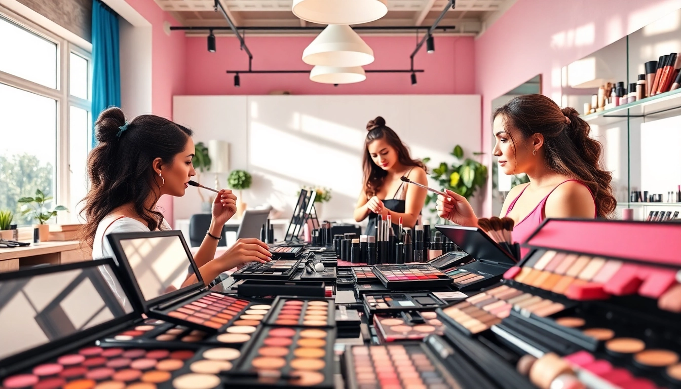 Wholesale makeup suppliers showcasing vibrant palettes and tools in a modern beauty studio.
