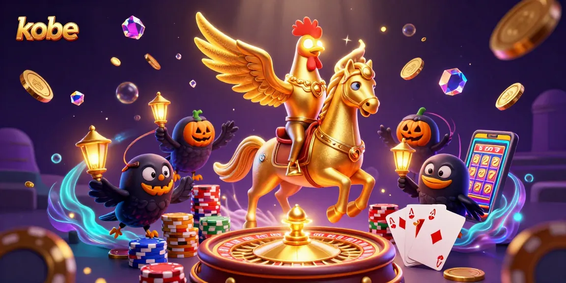 Kobe casino epic scene with golden rooster, spectral horse, and glowing treasures shining together.