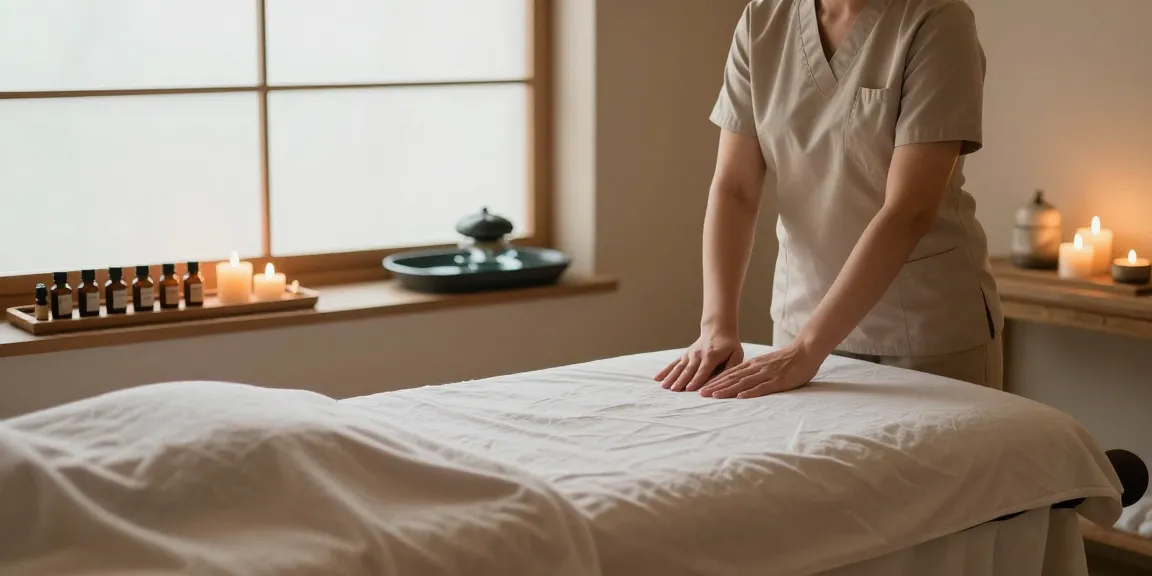 마사지 테라피룸에서 아로마 오일과 촛불로 편안한 분위기를 만드는 모습
