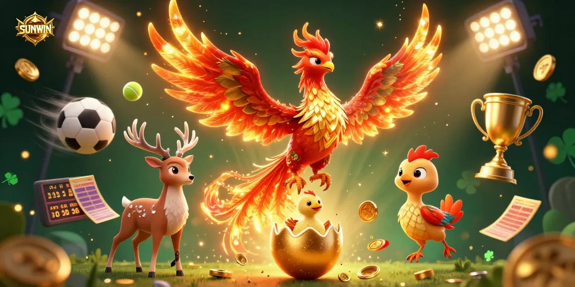 SUNWIN delivers thrilling gaming experiences, featuring a majestic phoenix and dynamic sports elements in an engaging casino illustration.