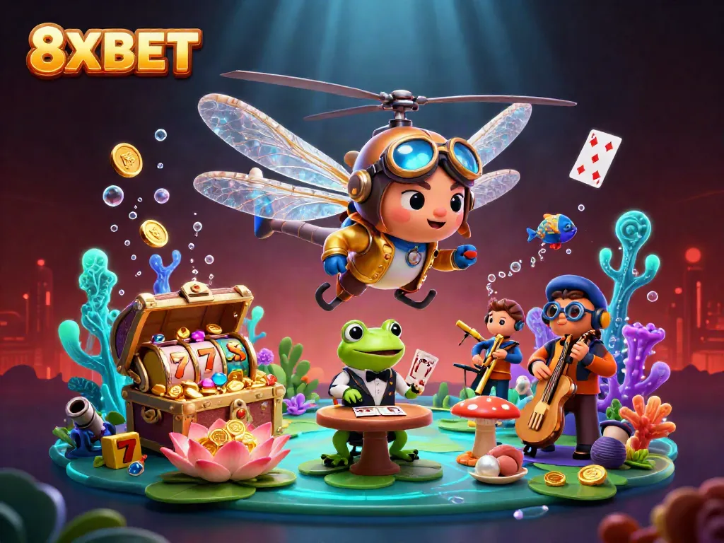 Experience thrilling 8XBET action with vibrant visuals of a dragonfly pilot and frog croupier in a lively casino setting.