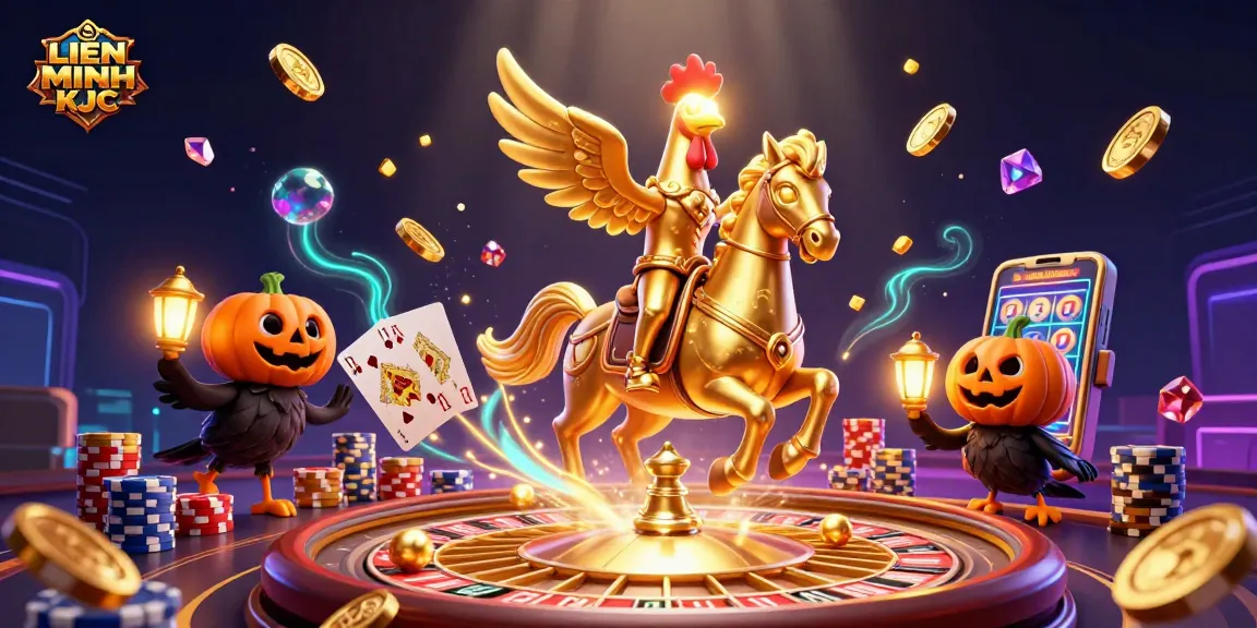 Experience the excitement of LIÊN MINH KJC with golden rooster and casino elements in a vibrant scene.