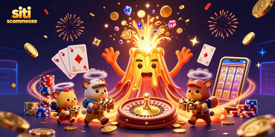 Giocando su siti scommesse con una scena dominata da un vulcano esplosivo di tesori e emozioni.