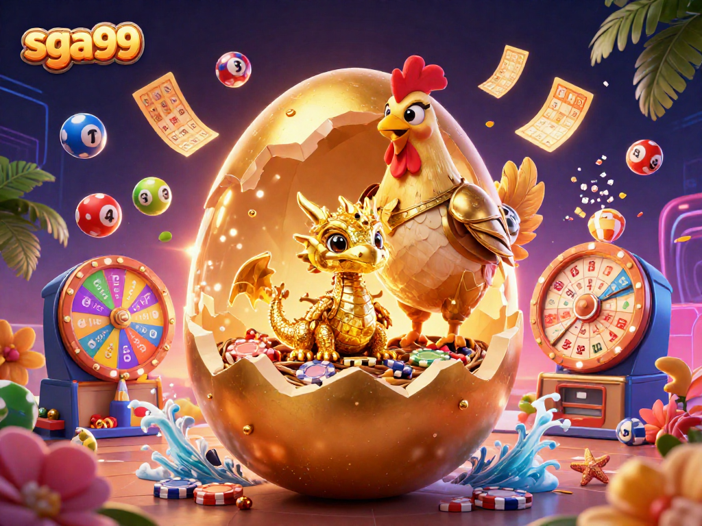 Spark excitement at sga99 with a golden dragon, poker chips, and dynamic lottery elements.