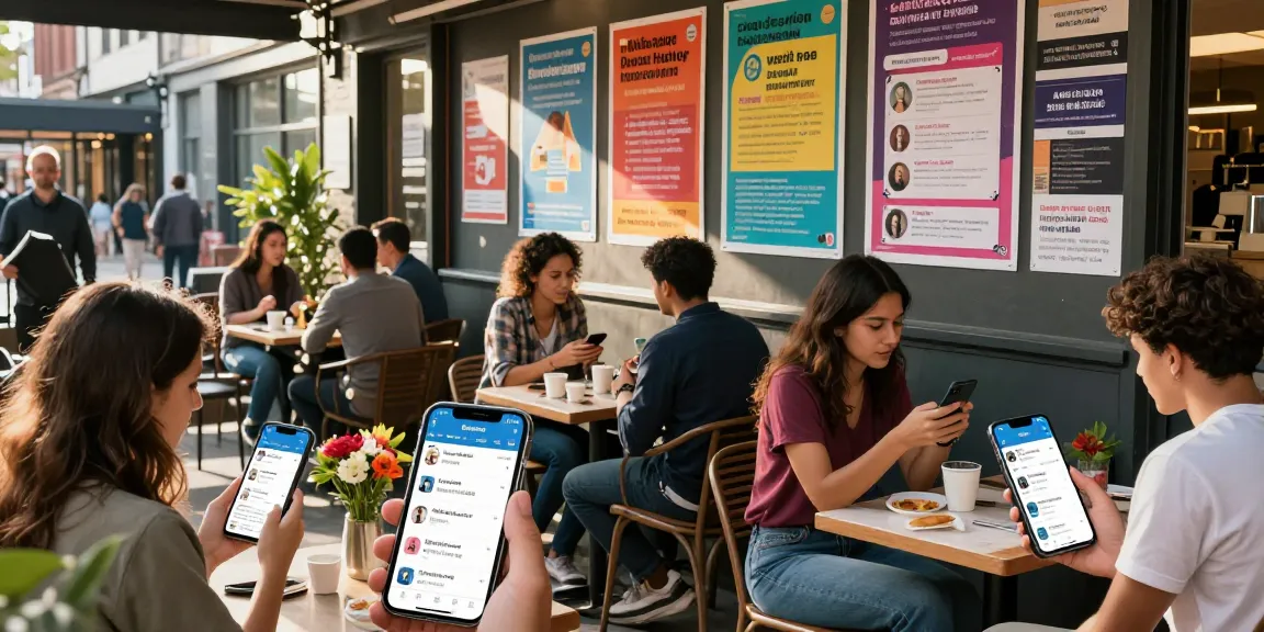 People using BedPersonal app to explore local classifieds in an urban café
