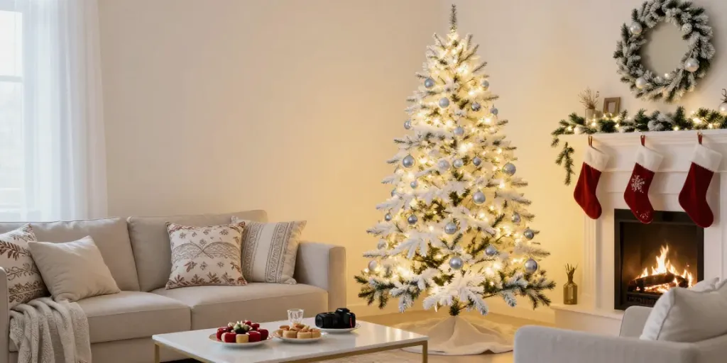 Beautiful white artificial Christmas tree illuminated with warm lights in a cozy living room.
