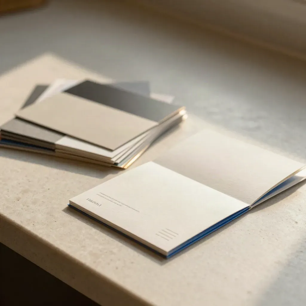 Foil-stamped logo study cards and a die-cut mark sample on pale stone, lit softly from above left.