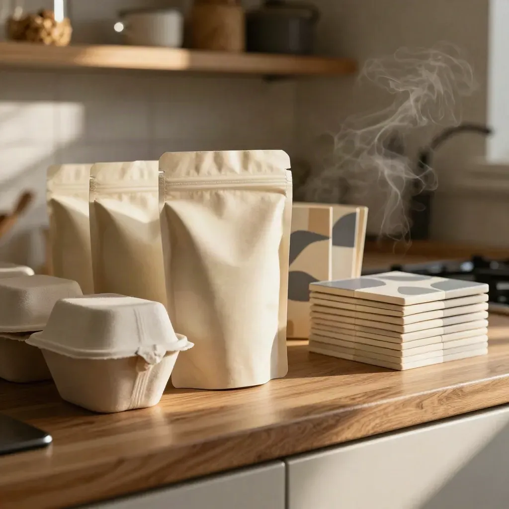 Macro of ivory packaging mockups on a warm kitchen counter with steam and soft sun.