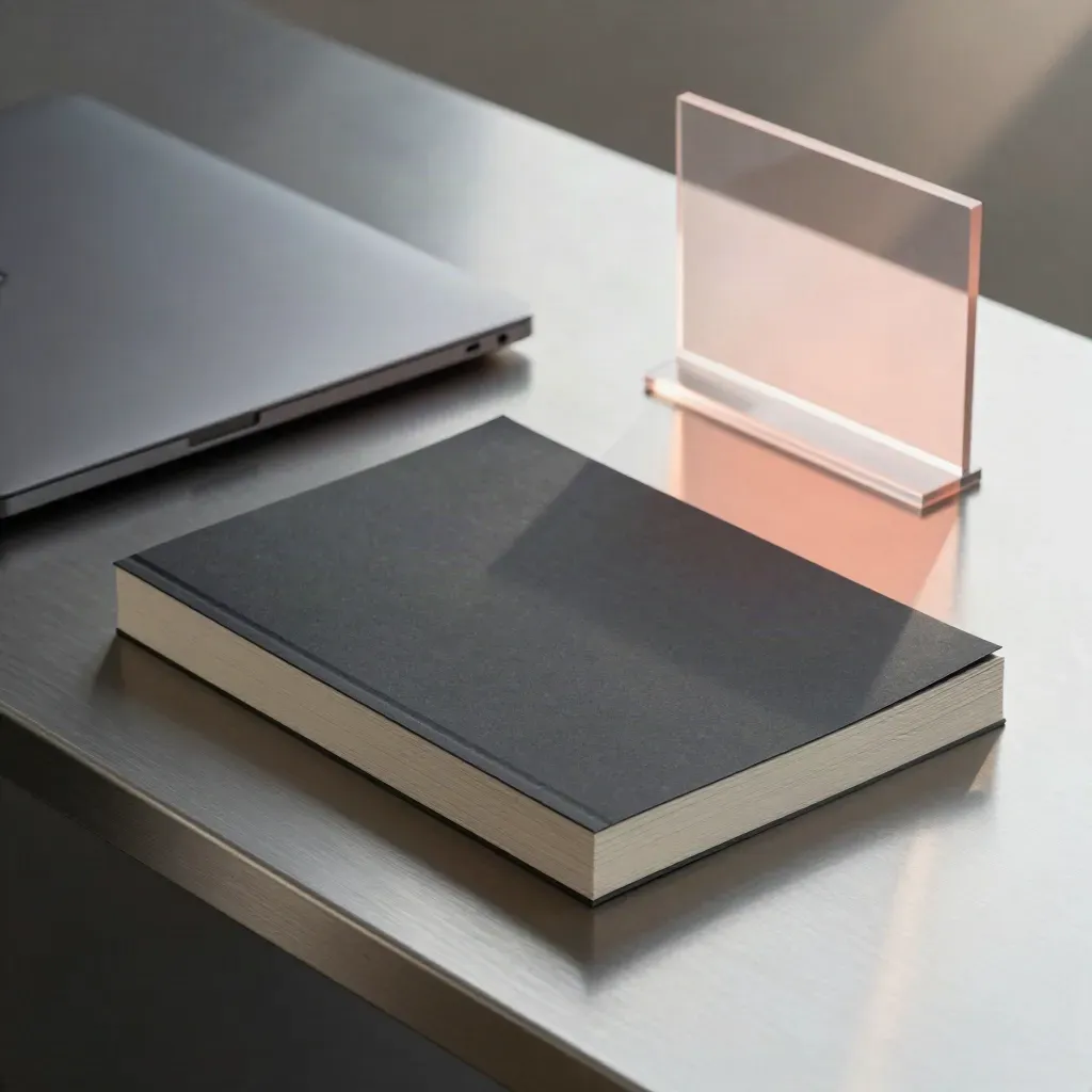 Slide deck stack, closed laptop, and acrylic stand in a modern pitch deck redesign scene.