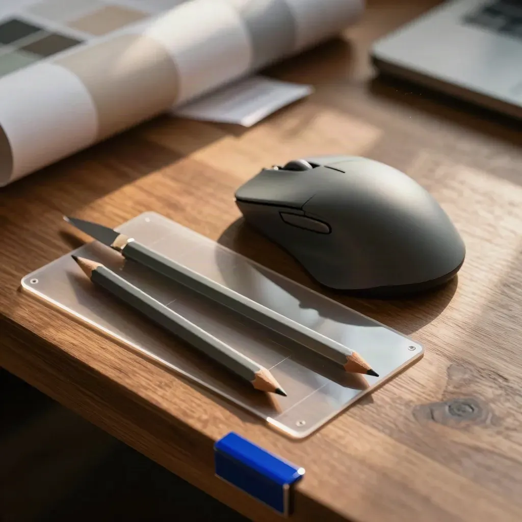 Dramatic still life of a designer’s mouse, blade, acetate overlays and pencil on a walnut workbench.