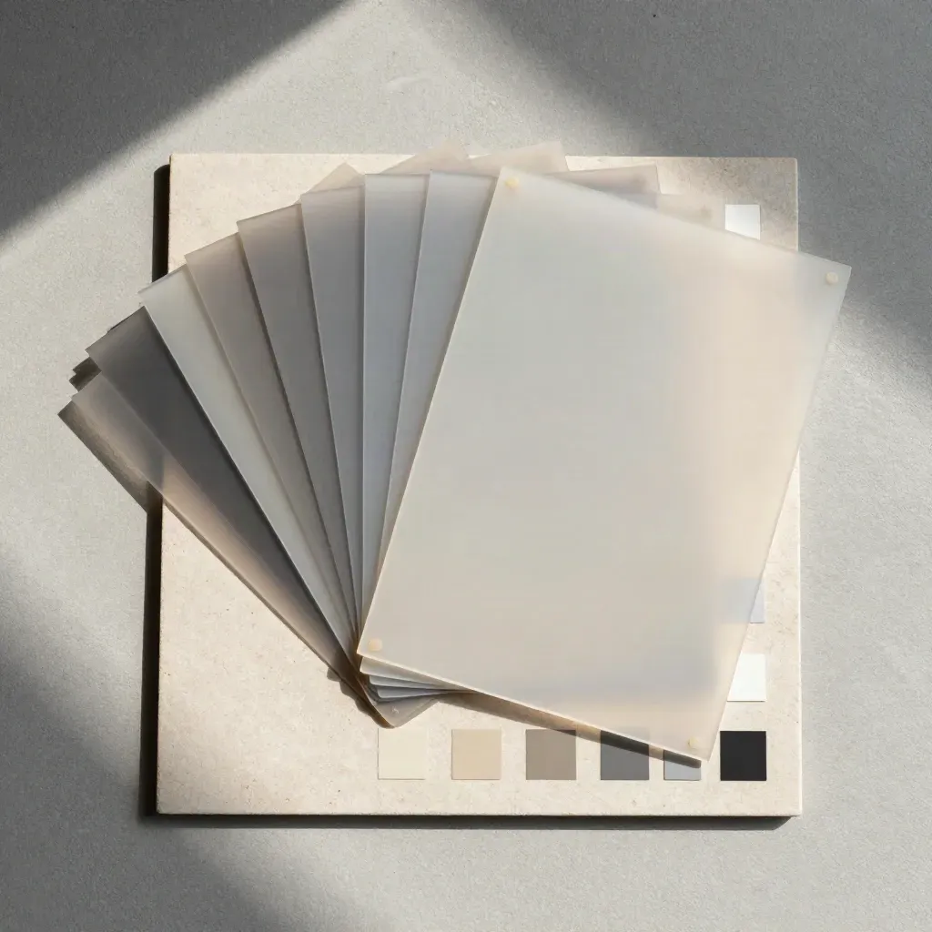 Overhead flatlay of acetate overlays, swatch fan and color tabs on a stone card base