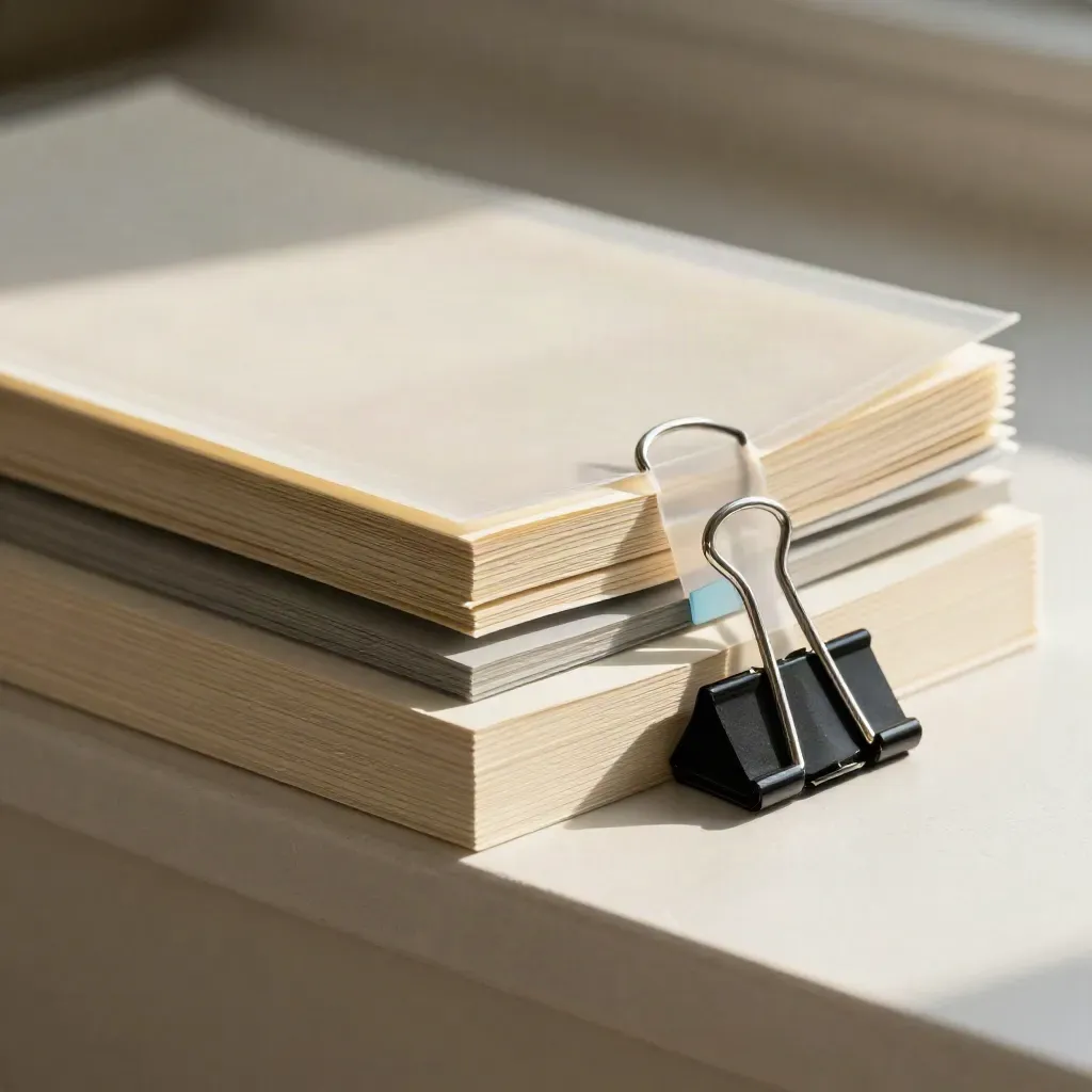 Layered proof boards with tabs, a translucent correction sheet, and binder clip on a ledge.