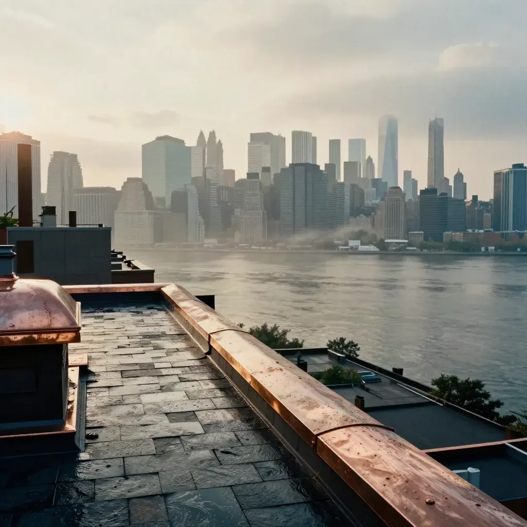 Manhattan skyline from a wet Brooklyn rooftop after rain, with river haze and copper rooftops below.