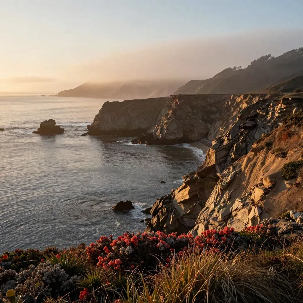 Fog rolls over San Francisco sea cliffs above a calm glassy Pacific at golden hour