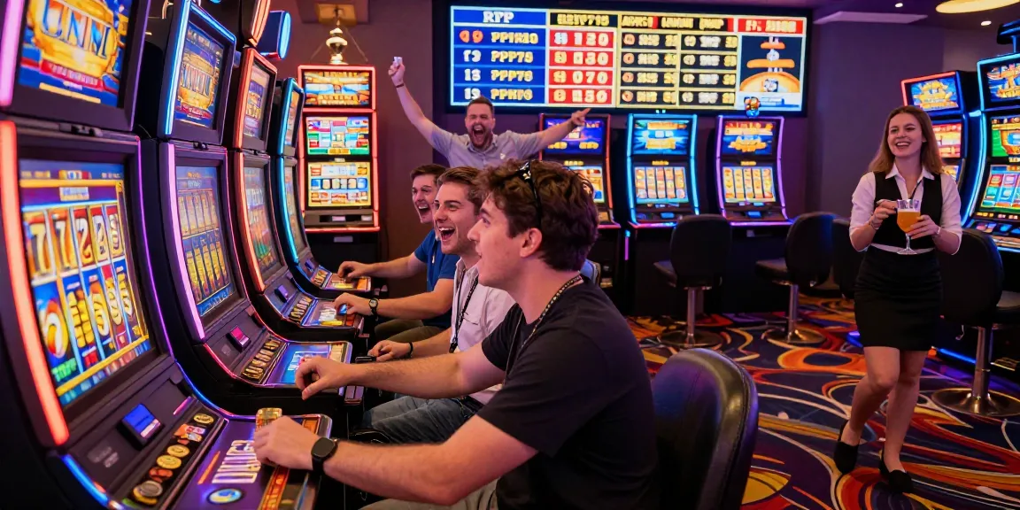 Players joyfully engaging with 777 slot machines under colorful lights in a casino.