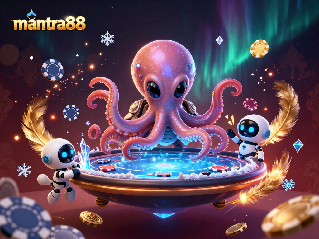 Engage with mantra88 in a vibrant 3D casino scene featuring an alien octopus at a holographic poker table.