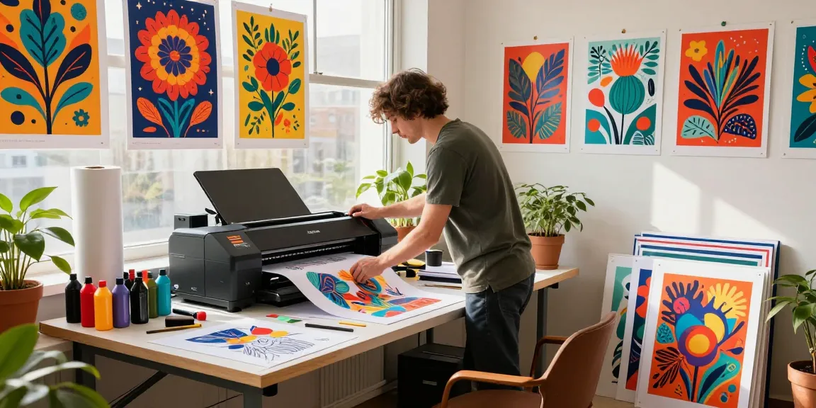 Custom poster printing in a vibrant art studio with creative posters and printing tools.