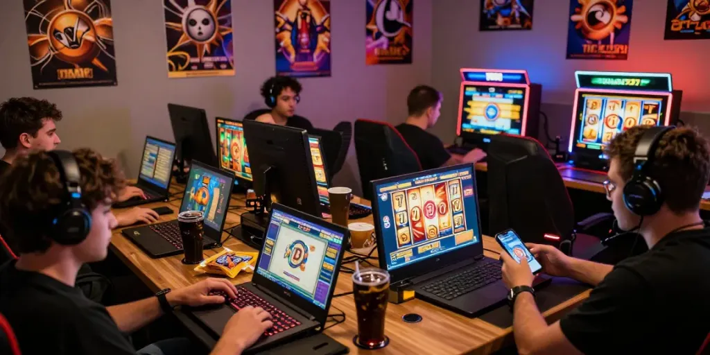 Slot gacor hari ini scene with diverse gamers enjoying thrilling online slots on various devices in an engaging atmosphere.