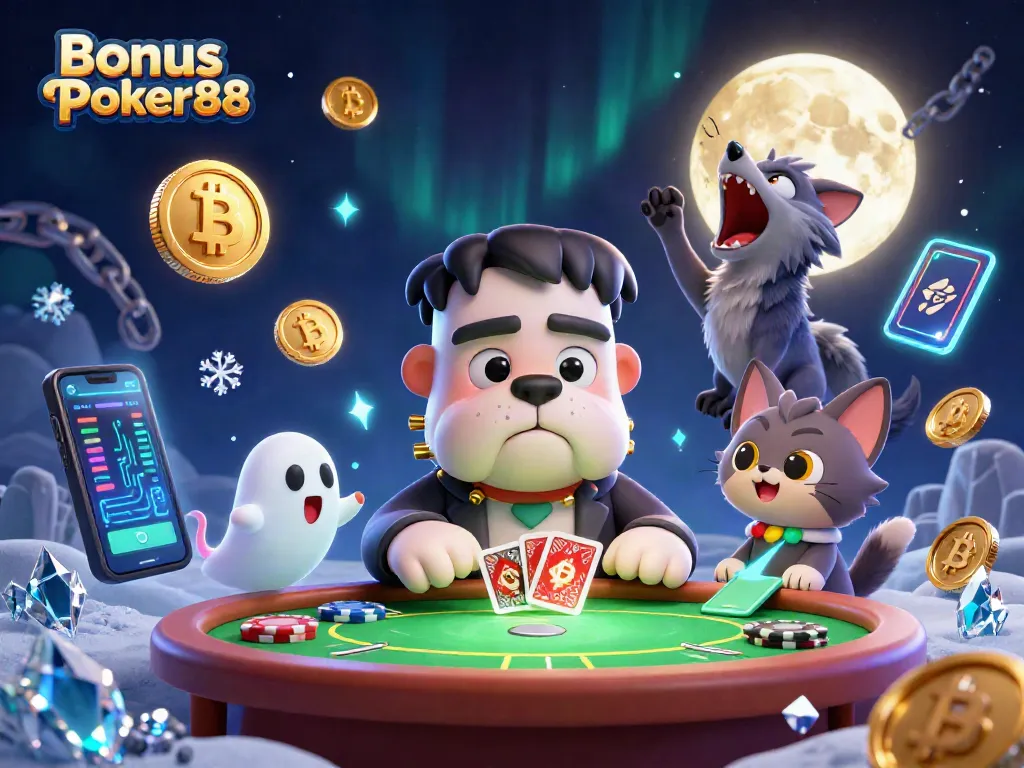 Experience thrilling hours with Bonus Poker88 at a vibrant poker table with spooky elements and cryptocurrency flair.