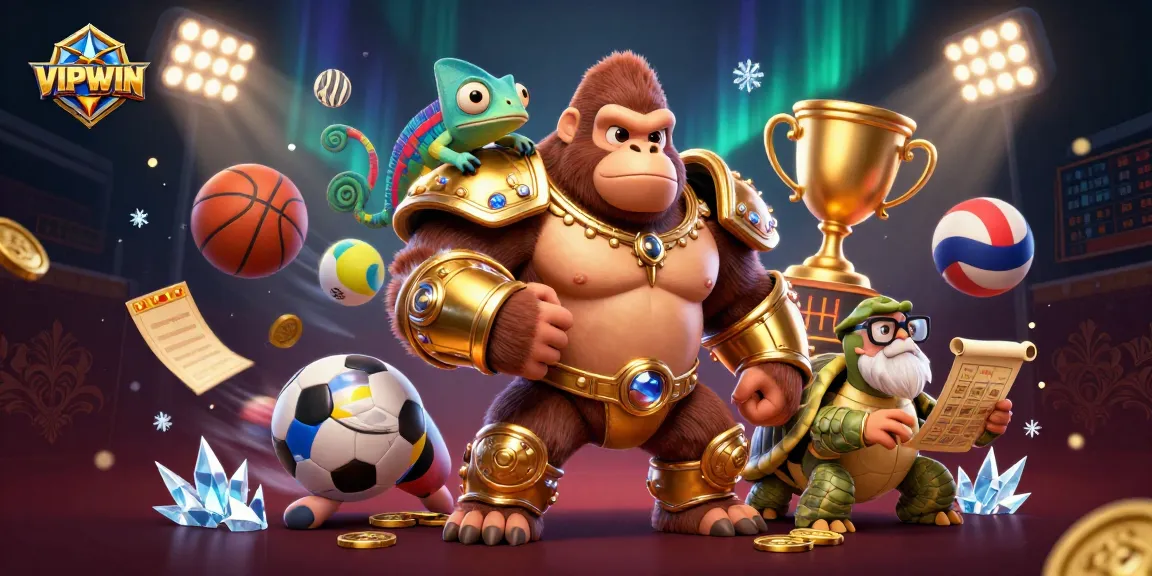 Experience thrilling sports betting at VIPWIN with vibrant 3D illustrations of a gorilla king and gambling elements.