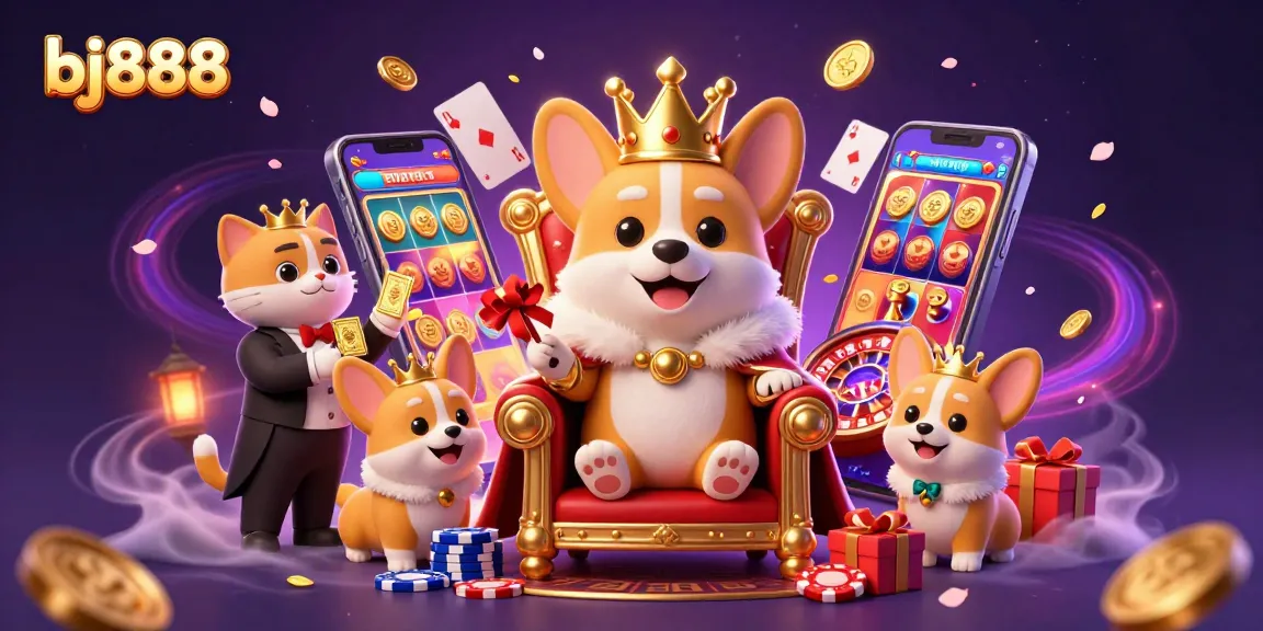 Engaging corgi-throne scene at bj888 showcasing vibrant slot game dynamics and gambling elements.