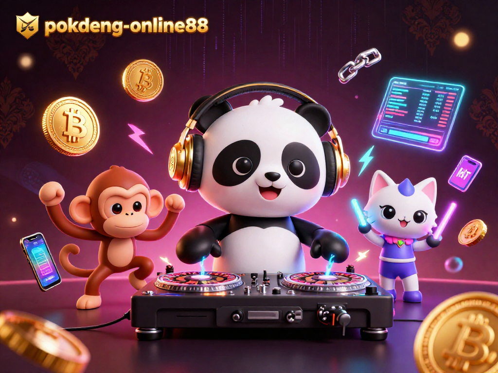 Engage with the exciting world of pokdeng-online88 through vibrant illustrations featuring dynamic characters and crypto elements.