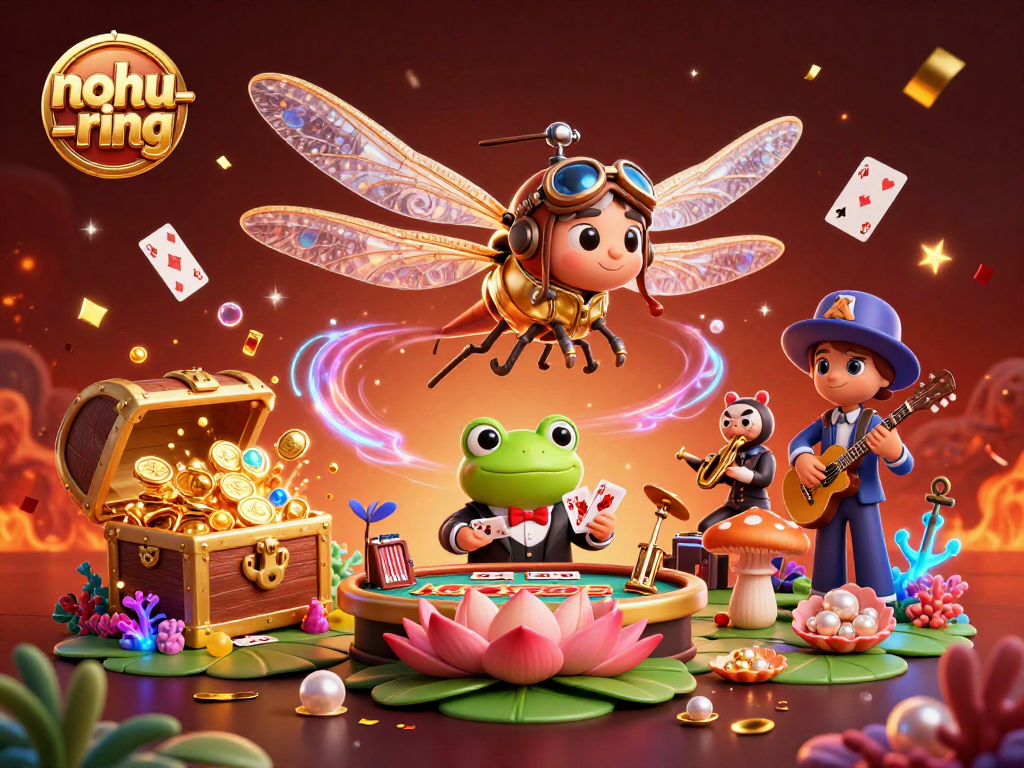 Nohu-ring showcases thrilling jackpot moments with a unique dragonfly and frog characters in a vibrant casino scene.