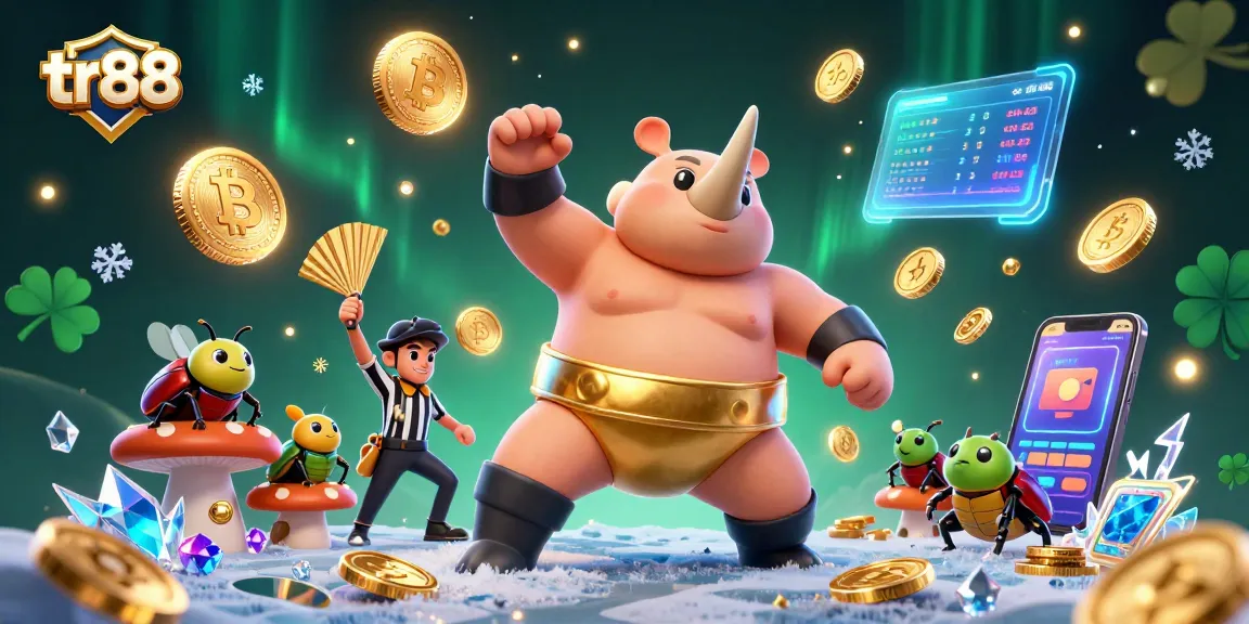 tr88's vibrant gaming scene showcases a beetle champion summoning coins amid digital currencies.