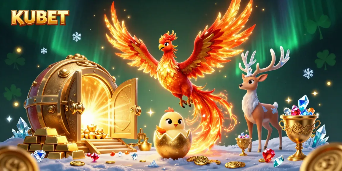 Experience KUBET’s vibrant gaming scene with a 3D phoenix and treasure elements.