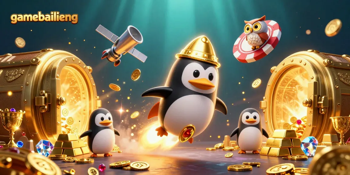 Experience thrilling gameplay at gamebailieng as a golden penguin rockets through a casino-themed space adventure.