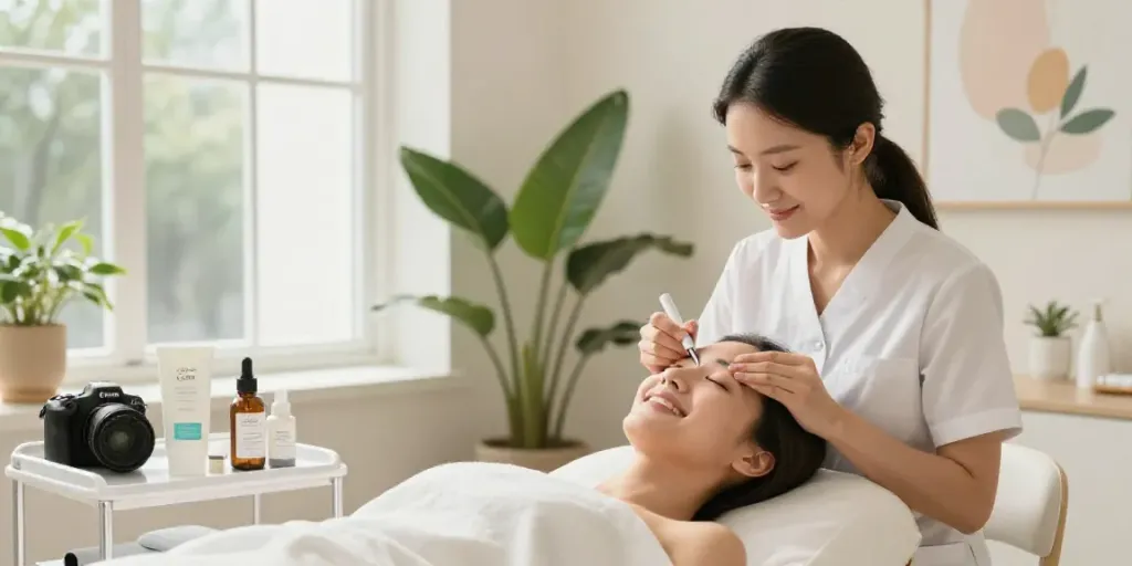 CCeye® treatment showcasing a client receiving care to effectively Augenringe wegbekommen in a cozy beauty clinic.