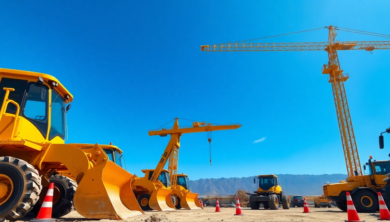 Efficient equipment transport displayed with heavy machinery in a vibrant construction setting.