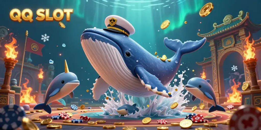 Engage with QQ SLOT's vibrant casino scene featuring a cartoon whale, dolphin tricks, and golden coins.