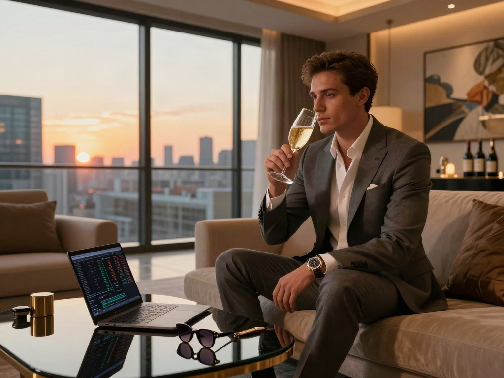 Gaya hidup mewah luxury111 dengan individu menikmati champagne di apartemen modern.