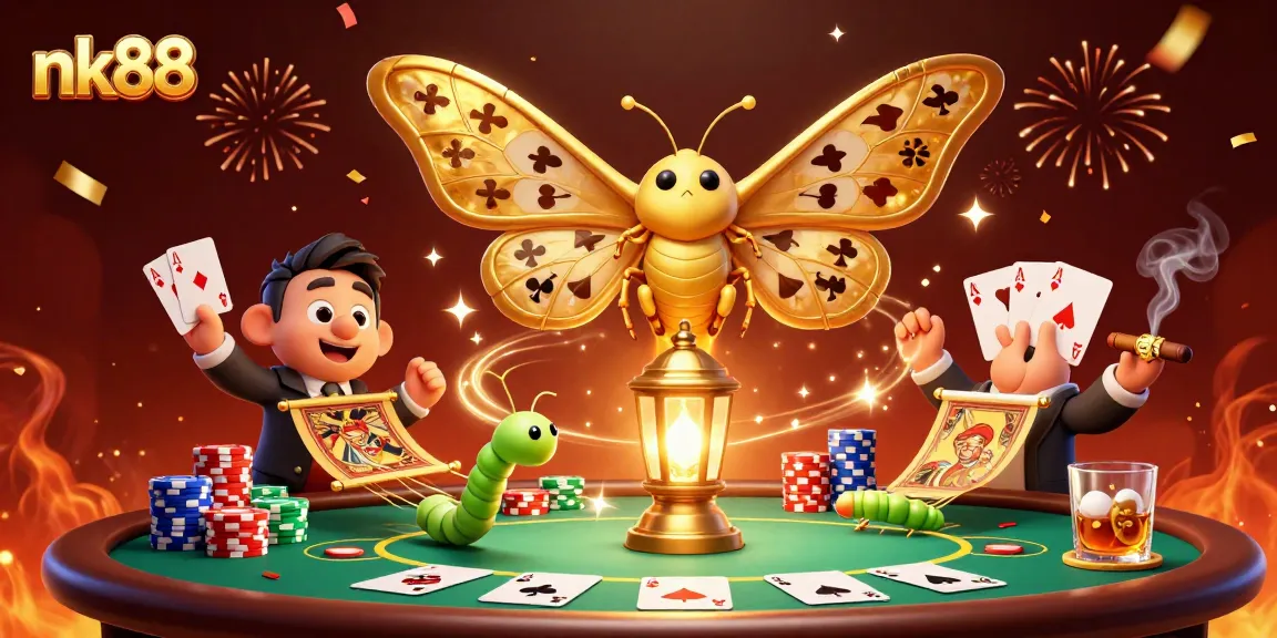 nk88 showcases a vibrant casino scene with a 3D atlas moth, poker elements, and festive effects.