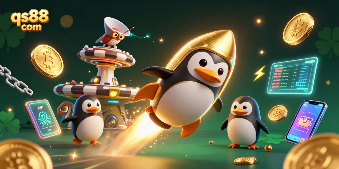 Engage with qs88 com's thrilling 3D casino adventure, featuring a golden penguin and vibrant crypto elements.