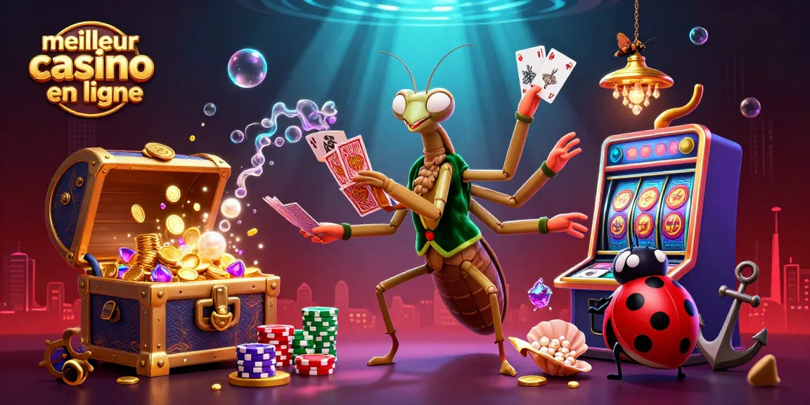 Jouez au meilleur casino en ligne avec notre illustration dynamique et colorée d'un croupier mante religieuse.