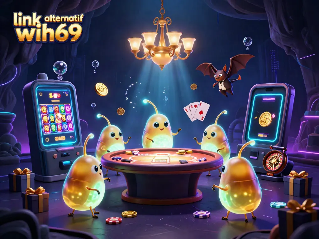 Gambarkan link alternatif wih69 dengan glowworms dan dealer kelelawar di casino gua yang megah.