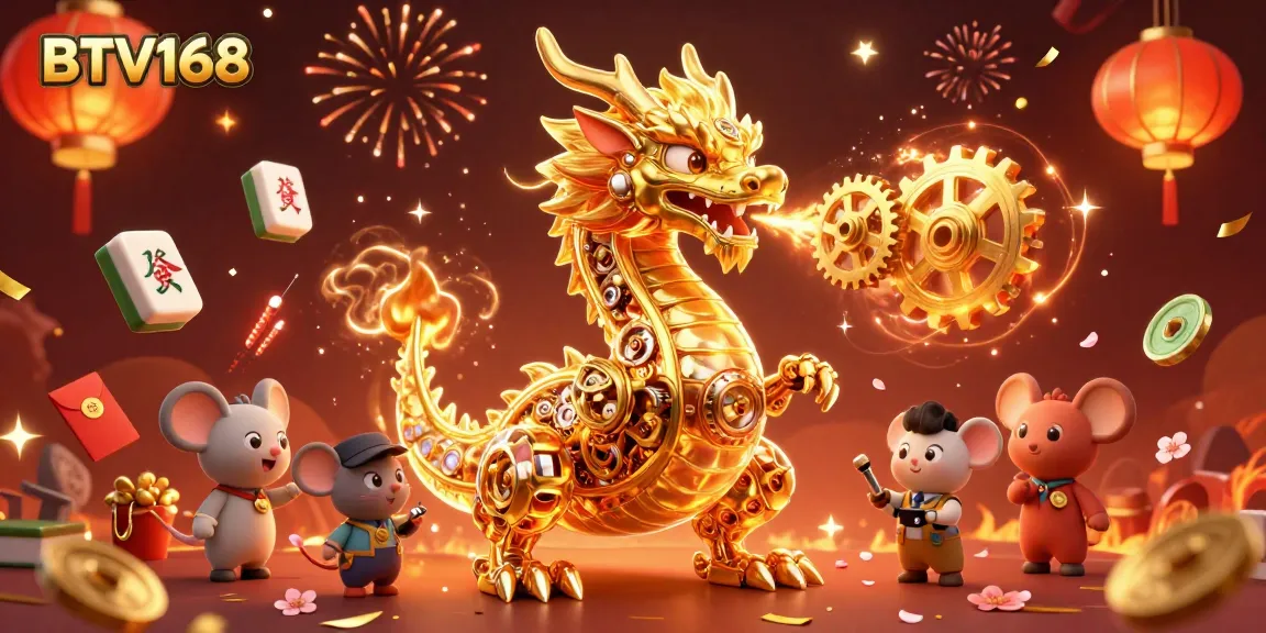 BTV168 celebrates with an energetic scene of a golden dragon and festive elements in a vibrant casino atmosphere.