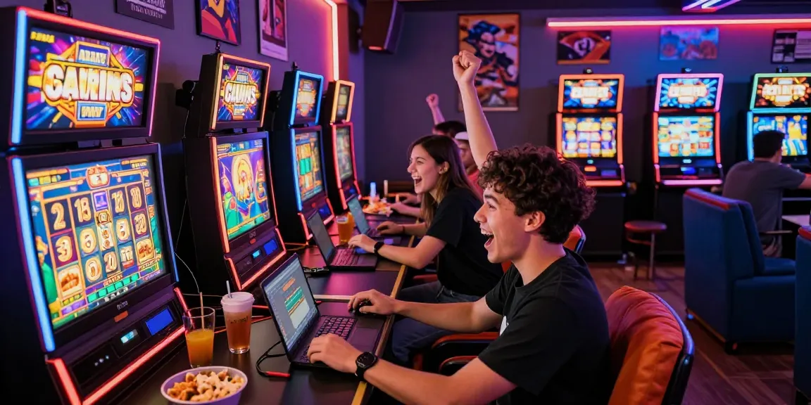 Group of friends celebrating a slot gacor win in an exciting gaming lounge