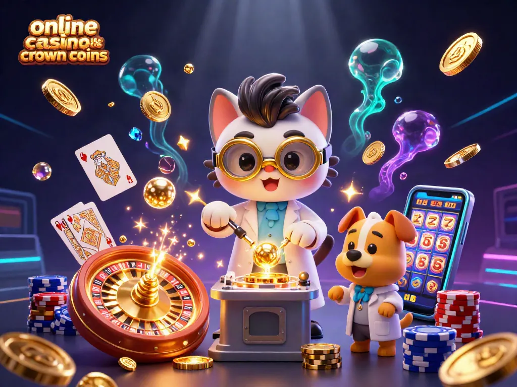 Play games at online casinos like crown coins, featuring vibrant 3D illustration of cartoon characters and casino elements.