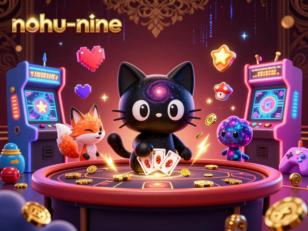 Experience nohu-nine's cosmic casino charm with a black hole cat and nebula fox amidst gaming excitement.
